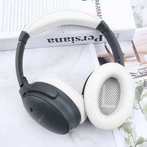 Ear Cushion and Headband for Bose QC45 QC35, Replacement Headstrap Pad Repair Part with Protein Leather& Memory Foam (White)
