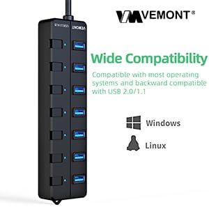 VEMONT USB hub,Computer Peripheral Equipment 7-Port USB 3.0 hub with 5V2A Power Adapter and Individual On/Off Switches,USB Charging hub 4ft/1.2m Long Cable