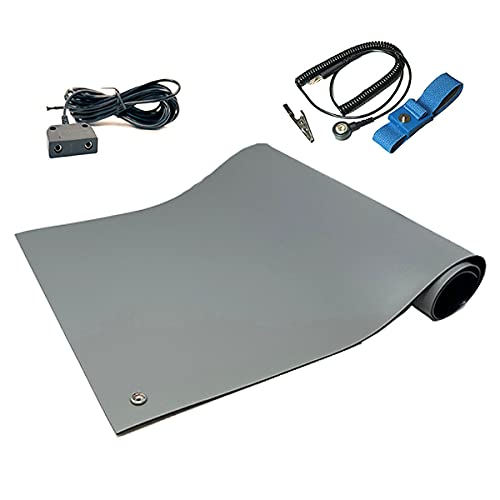 RubberStat Dual Layer ESD Compliant Workstation Rubber Table Mat Kit, Soldering, Cell Phone Repair, with Wrist Strap Set and Ground Cord - 24"x60" Grey