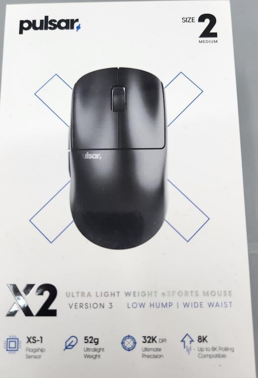 Pulsar Gaming Gears X2 v3 Wireless Gaming Mouse, Ultra Lightweight, Optical Switch, 32000 DPI, 750 IPS, XS-1 Sensor, 8k Compatible (Medium, Black)