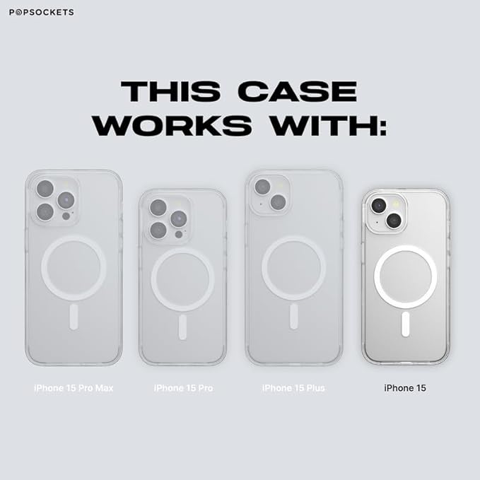 PopSockets iPhone 15 Case with Round Phone Grip Compatible with MagSafe, Phone Case for iPhone 15, Wireless Charging Compatible - Black Translucent