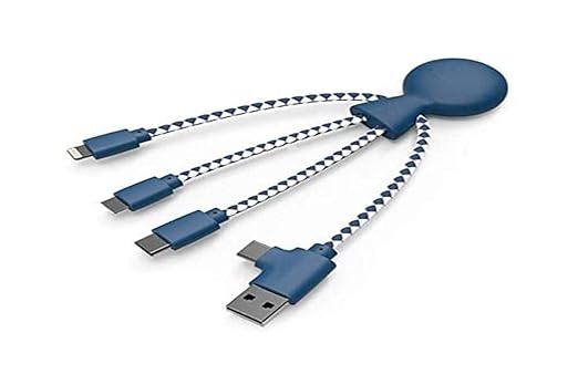 Multi USB Cable 4 in 1 - Universal Charger Made from Recycled Plastic - USB, USB-C, Lighting, Micro USB Ports - Compatible with All Smartphones Mr Bio Blue Octopus