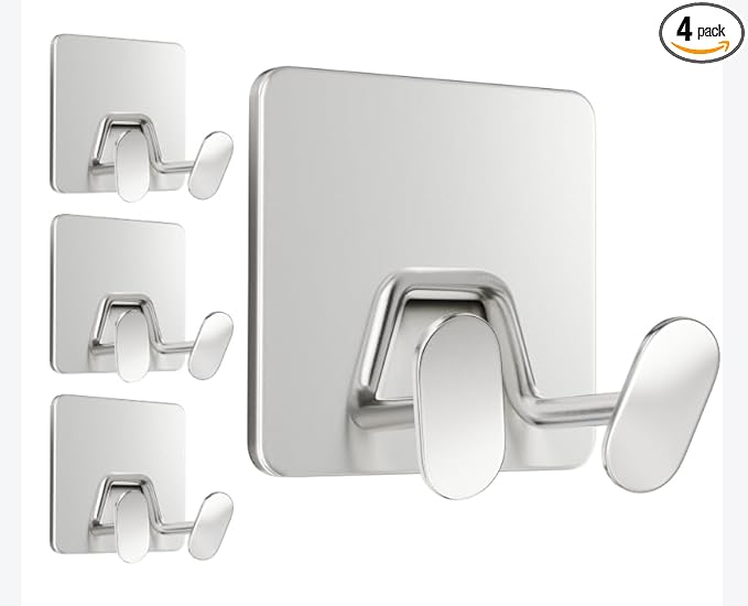 Adhesive Shower Hooks for Inside - Extra Sticky Stainless, Razor Holder Shower Accessories, Wall Mounted Self-Adhesive Double Hooks for Razor, Loofah, Towel, Shaver, Coat, Key, Silver, 4-Pack