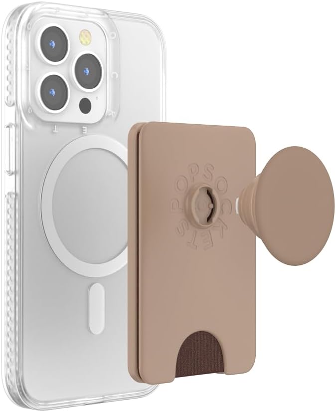 PopSockets Phone Wallet with Expanding Grip and Adapter Ring for MagSafe, Phone Card Holder, Wireless Charging Compatible, Wallet Compatible with MagSafe, Cute PopSockets - Latte