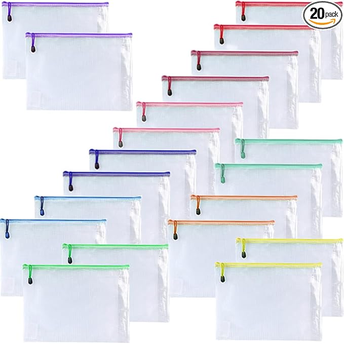 OAIMYY-20 PCS-6"x 8"-Mesh Zipper Pouch, Plastic Zip File Folders Puzzle Bags for Organizing,Office Supplies,Travel,Home Storage (Color)