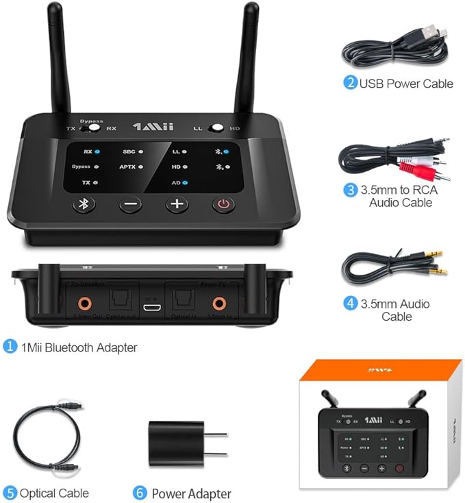 1Mii B03 Bluetooth 5.3 Transmitter Receiver for TV Home Stereo BT Headphones, aptX Low Latency & HD & AD Bluetooth Audio Adapter, Splitter for Wired & Wireless, Optical RCA AUX 3.5mm Inputs/Outputs
