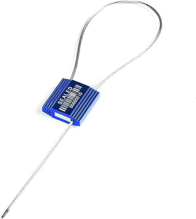 100 Blue Steel Cable Seals with Barcode - High Security Numbered Truck Seals - Anti-Tamper Pull Tite Self-Locking Safety Ties - ISO 17712