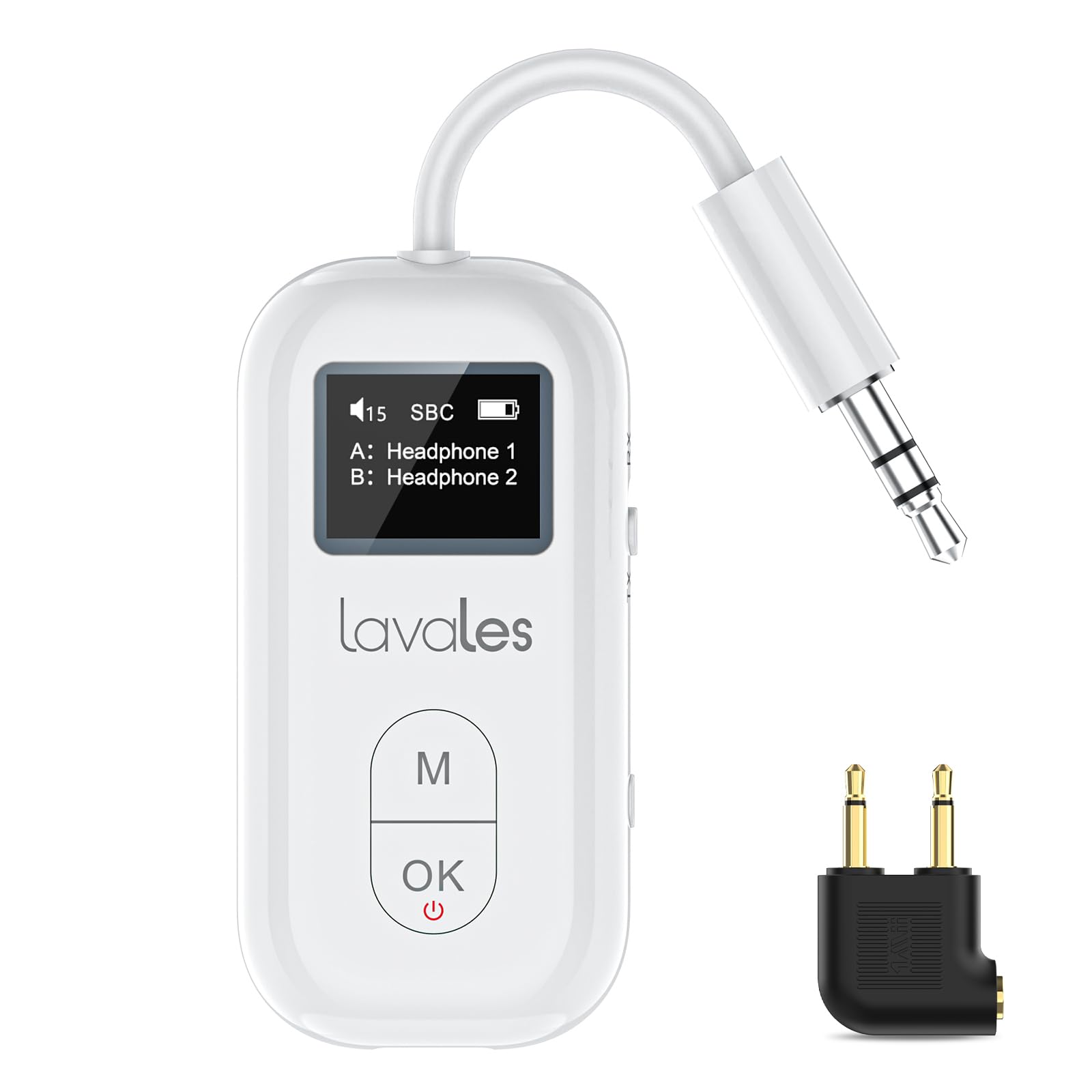 Lavales Bluetooth 5.3 Transmitter Receiver for Airplane, Wireless Audio Adapter for 2 Headphones, aptX Adaptive/SBC/HD,100ft Long Range, 35h Playtime, 3.5mm AUX Adapter for TV, Speakers, MP3