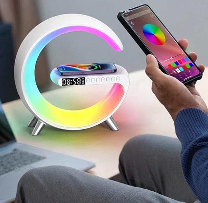 Smart Table Lamp with 4-in-1 Wireless Charger, Night Light, Bluetooth Speaker, Alarm Clock, App Control, Office, Bedroom, Home Decor (White)