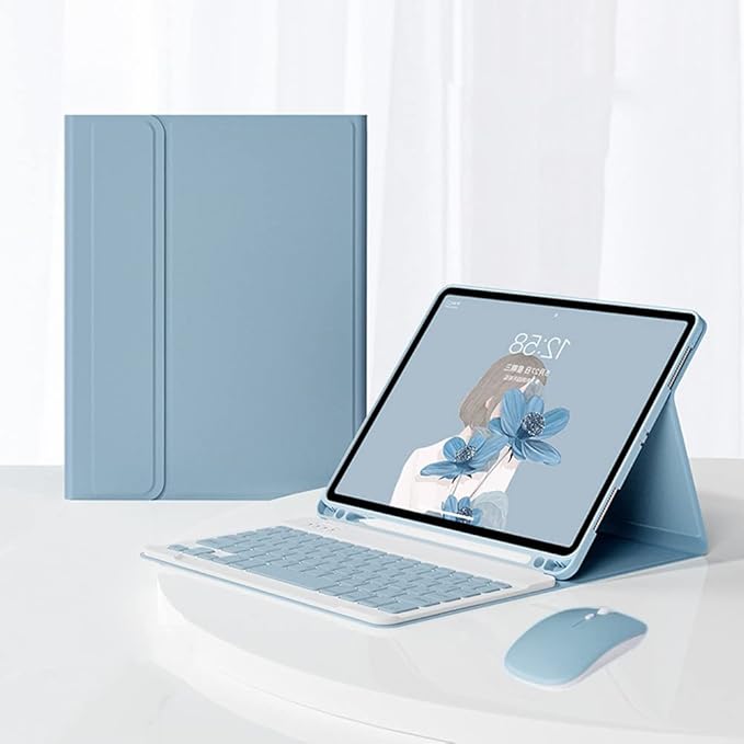 AnMengXinLing Keyboard Case for iPad Air 11 inch (M3 2025/M2 2024) with Mouse, Case for iPad Air 5th/4th Gen with Keyboard Cover with Pencil Holder, Blue