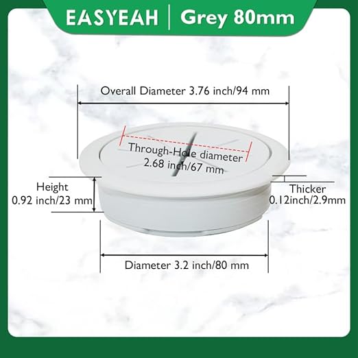2 Pcs Desk Grommet 3-1/8" / 80 mm, Desk Hole Cover for Cables Grey, Cable Grommet ABS Plastic, Desk Hole Grommet for Home & Office Pc, Detachable Cable Cord Organizer