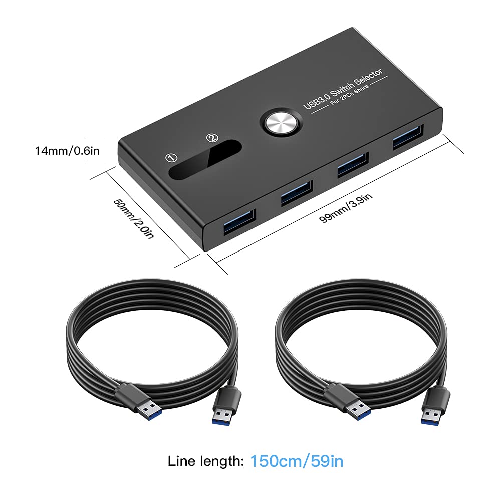 USB Switch, USB 3.0 Switcher 2 Computers Share 4 USB for PC Mouse Keyboard Printer Scanner, USB KVM Switch Selector Compatible with Windows, Mac, Linux