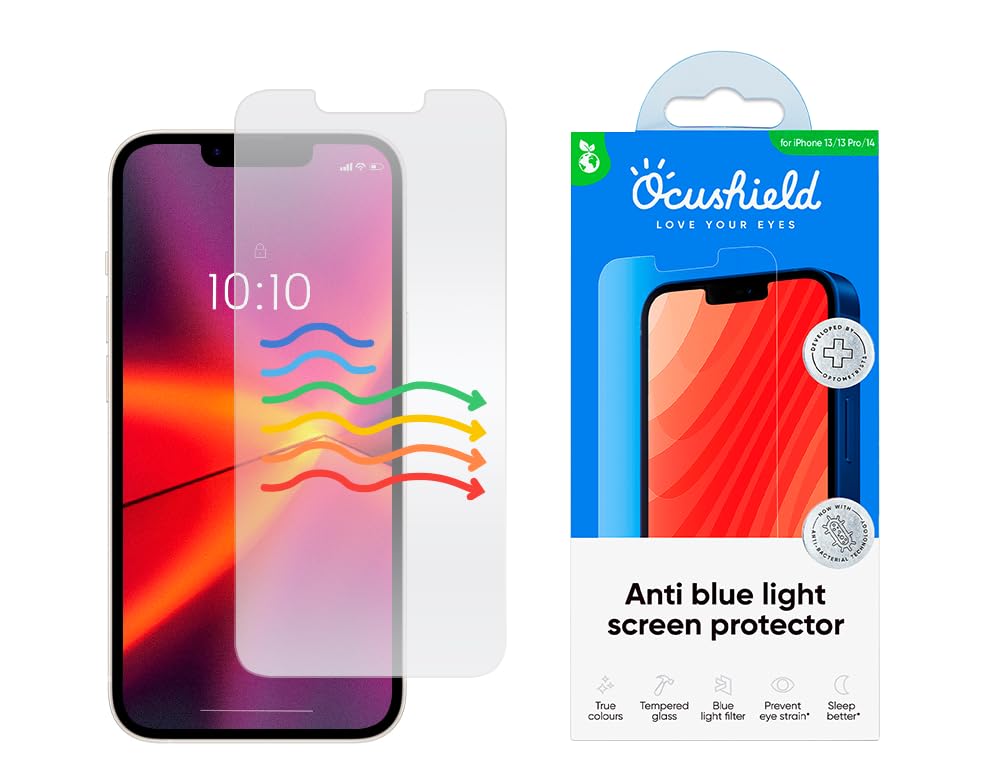 Ocushield Anti Blue Light Tempered Glass Screen Protector of iPhone 13, 13 Pro, 14 & 16E (6.1") – Blocks Blue Light, Prevents Eye Strain & Helps You Sleep Better, 9H Hardness & Case Friendly