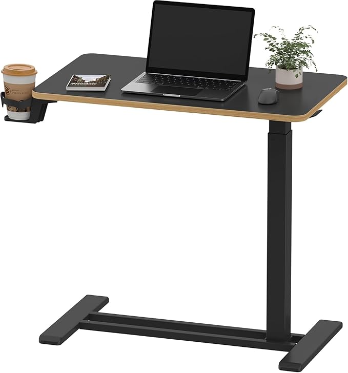 SANODESK Medical Adjustable Overbed Bedside Table with Hidden Casters, Pneumatic Mobile Laptop Computer Standing Desk Cart with Tray, Hospital and Home Use(27.6" W x 15.7" D, Black)