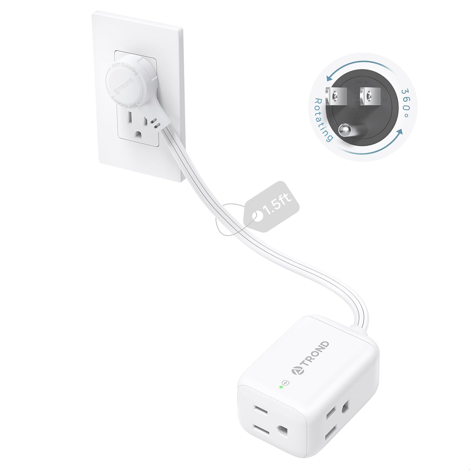 TROND Rotating Flat Plug Extension Cord Surge Protector 1.5ft, 3 AC, White