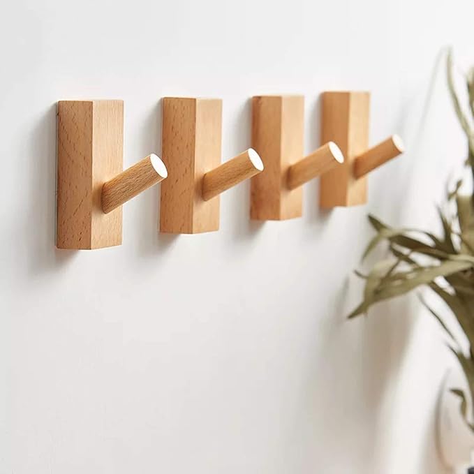 HomeDo 8Pack Adhesive Wall Hooks Hat Rack, Wooden Coat Hooks Wall Mounted, Decorative Single Organizer Hat Hanger Towel Rack, Heavy Duty Hooks (Rectangle-Beech,8P)