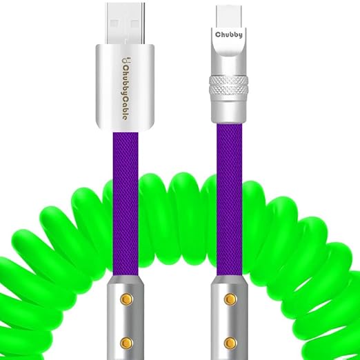 chubbycable Colorblock Chubby - Spring Braided Silicone Charge Cable Coiled USB C Cable Fast Charging Type C Charger Cord for Car, Green+Purple, USB-A to Type-C, 2.29FT-3.6FT
