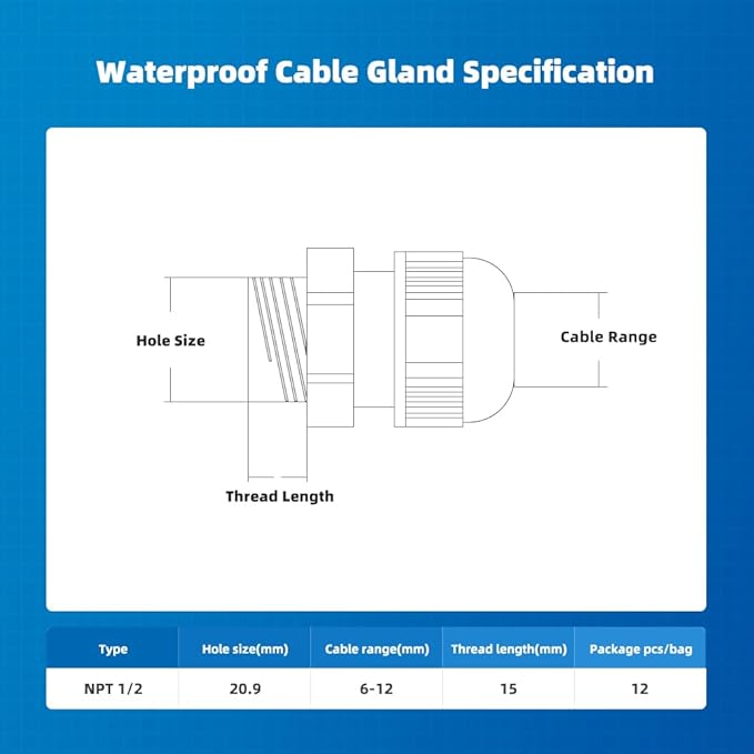 Cable Gland 12 Pack 1/2" NPT Waterproof Adjustable Connector Strain Relief Cord Connectors Joints Nylon with Gaskets…