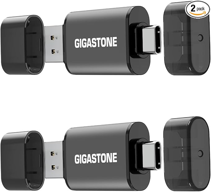 GIGASTONE 16GB Dual Flash Drive (2 Pack) Z40 USB 3.2 Gen 1, 2-in-1 Type-A & Type-C, 100MB/s Ultra Fast, Head Cap Design, Plug & Play for Smartphone/PC/Mac/TV/Car Audio, USB 2.0/3.0/3.1 Compatible