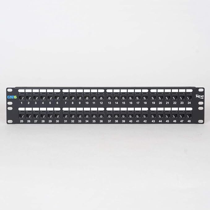ICC CAT6 Feed-Through Patch Panel, 48 Port, 2U Rackmount, RJ45 Ethernet Patch Panel, No Punch Down, PoE++ and TAA Compliant, Black