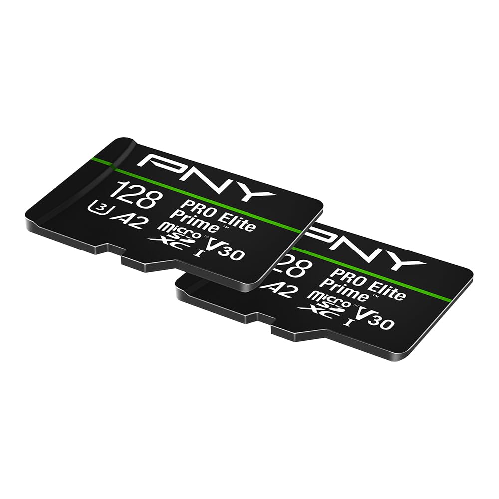 PNY 128GB PRO Elite Prime™ C10 U3 V30 A2 microSDXC Flash Memory Card – Ultra-Fast Speeds, Read 200MB/s, Write 150MB/s, 4K UHD, Full HD, UHS-I, for Smartphones, Drones, Action Cameras, 2-Pack