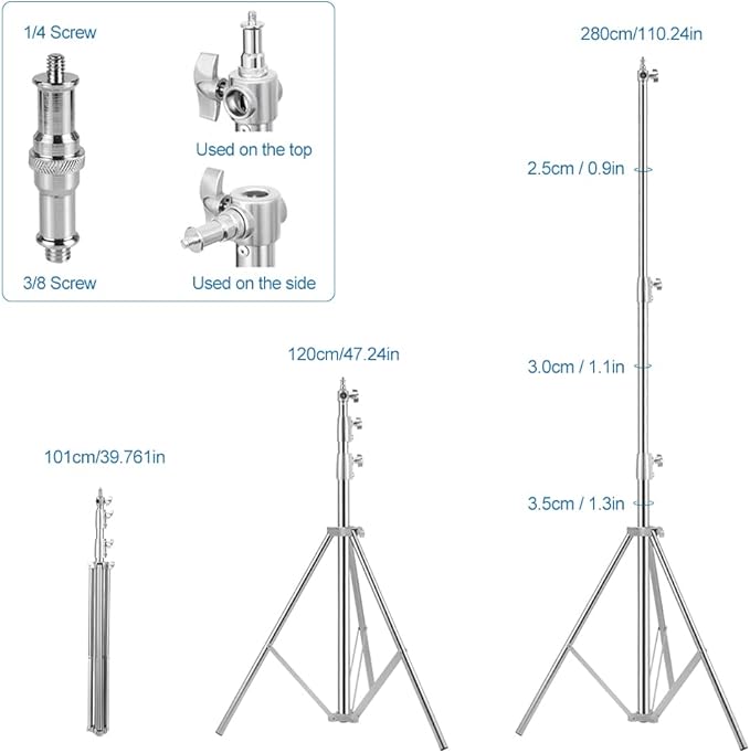 Stainless Steel Heavy Duty Photography Tripod Light Stand, 9.19 Feet/2.8m Studio Lighting Tripod for Speedlight, Strobe Light, Softbox, Umbrella