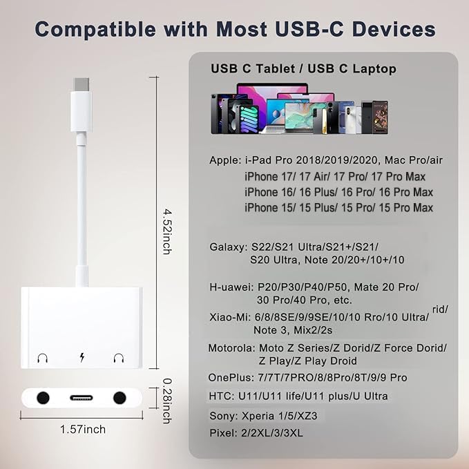 Headphone Adapter for iPad, Headphone Splitter for 2 Headphones,3 in 1 USB C to 3.5mm Jack Audio Adapter with 60W Fast Charging Compatible with S24/23 Ultra.