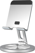 360 Rotating Phone Stand for Desk, Dual-Adjustable Foldable Aluminum Desktop Phone Holder Compatible with iPhone 16 15 14 13 12 11 Series, iPad-Mini, 4-8" All Phones (Silver)