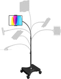 LEVO Adjustable Tablet & Phone Floor Stand with Multi-Axis Head, Hourglass Base & Locking Casters – Premium Rolling Gooseneck Mount, Stable Weighted Design, Fits Devices 4-13 Inch, Height 30-60 in