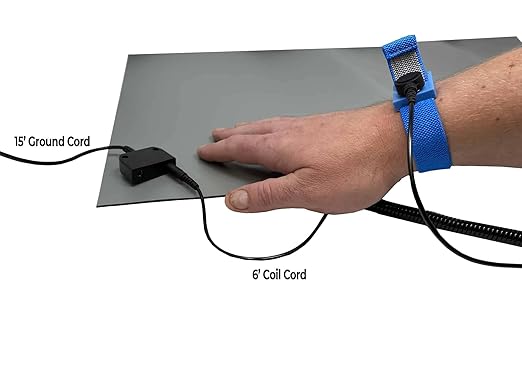RubberStat Dual Layer ESD Compliant Workstation Rubber Table Mat Kit, Soldering, Cell Phone Repair, with Wrist Strap Set and Ground Cord - 30"x36" Grey