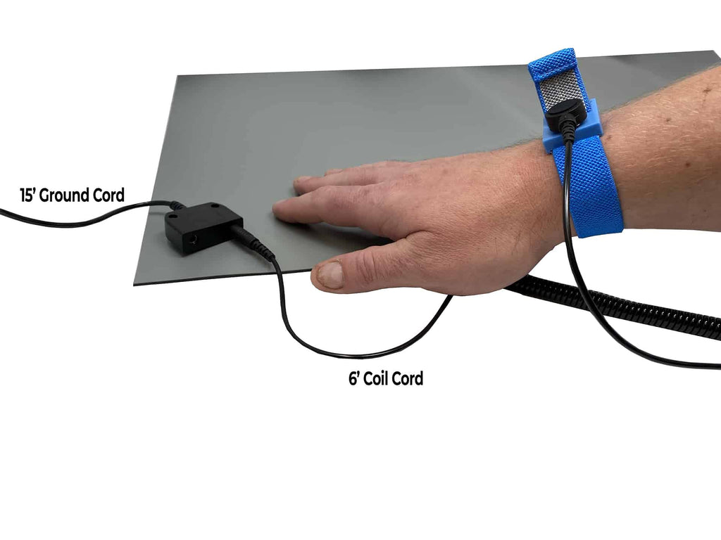 RubberStat Dual Layer ESD Compliant Workstation Rubber Table Mat Kit, Soldering, Cell Phone Repair, with Wrist Strap Set and Ground Cord - 30"x48" Grey