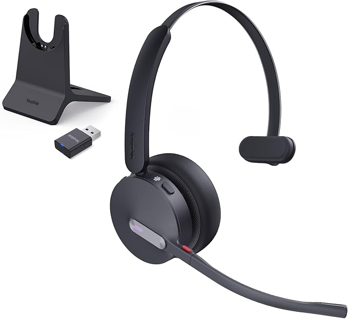 Yealink WH64 Hybrid DECT& Bluetooth Wireless Headset, 492ft Range Mono Teams UC Headphones with DECT Dongle & Charging Stand, 3X Mic, 26H Talk Time,Portable Single Headsets for PC,Cellphone,Laptop