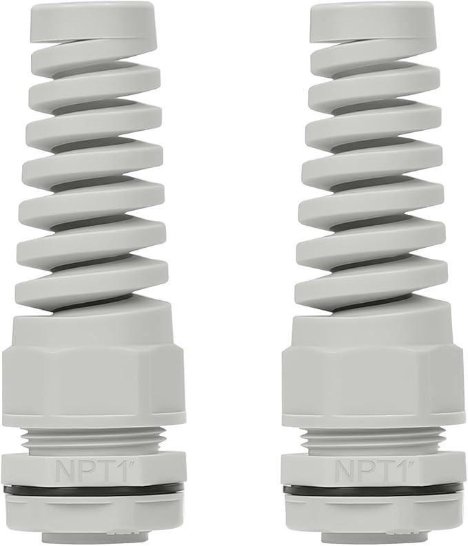 LeMotech 2Pcs NPT 1" IP68 Waterproof Cable Gland Flex Spiral Strain Relief Grey Nylon Joint with Gaskets for 18-25mm Wire Thread
