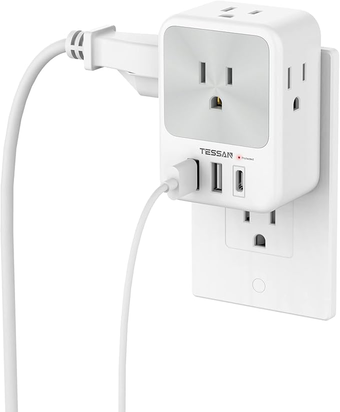 Surge Protector Wall Outlet Extender, TESSAN Multi Plug Outlet Splitter with 3 USB Charging Blocks(1 USB C), Multi Plug Wall Charger for Home, Office, School, College Dorm Essentials