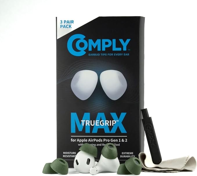 Comply TrueGrip MAX | Premium Memory Foam Replacement Earbud Tips for Apple AirPods Pro 1 & 2 | Long Lasting Comfort, MAX Durability, Secure Fit, Superior Noise Isolation| Green (Large) (3 Pairs)