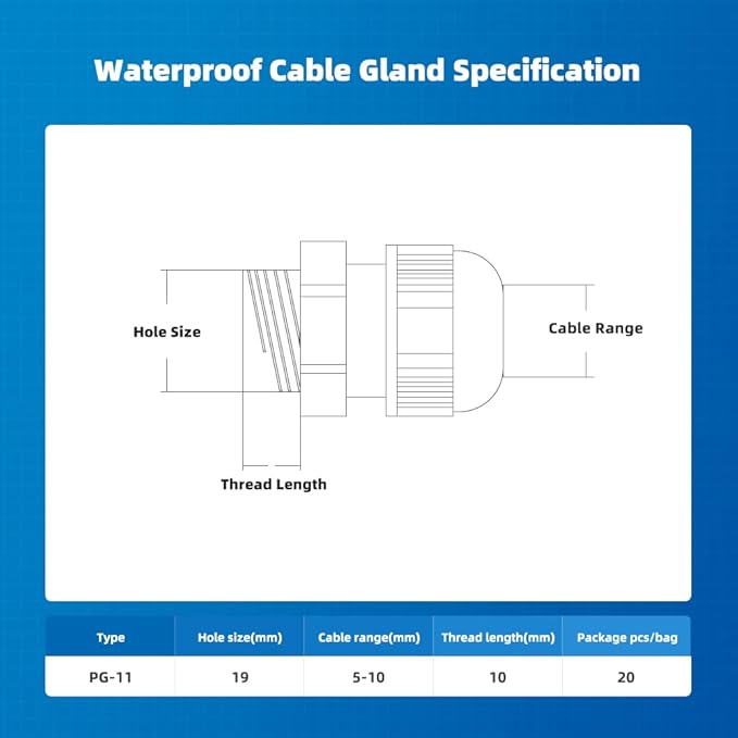 Cable Gland 20 Pack Plastic Waterproof Adjustable Connector 5-10mm PG11 Strain Relief Cord Connectors Joints Nylon with Gaskets