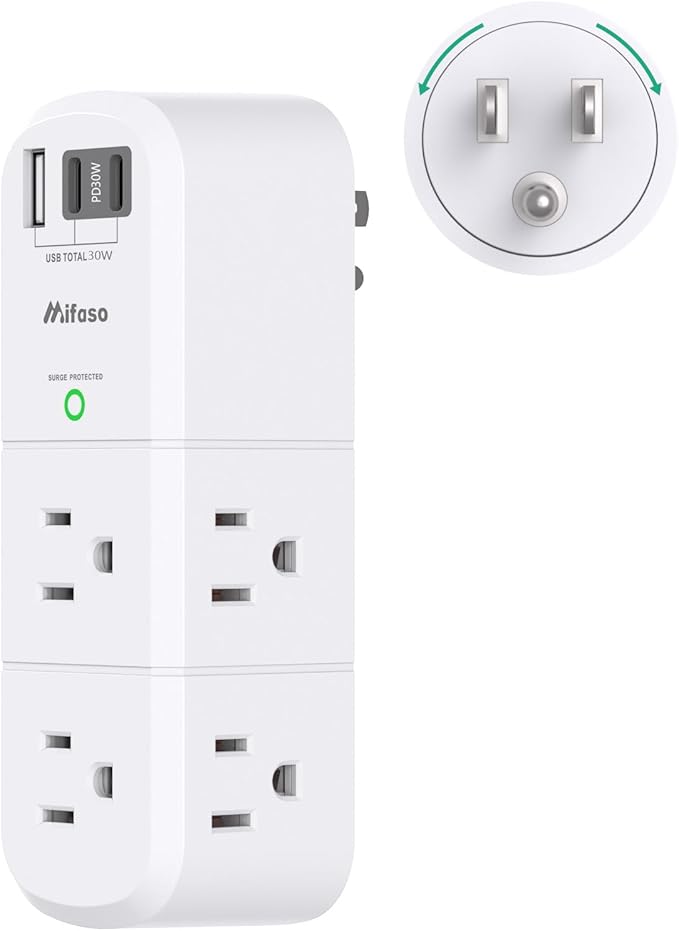 PD30W USB Outlet Extender Surge Protector - with Rotating Plug, 6 AC Multi Plug and 3 USB Ports (2 C), 3-Sided Swivel Power Strip Spaced Splitter for Home, Office, Travel
