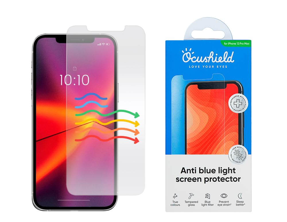 Ocushield Anti Blue Light Tempered Glass Screen Protector of iPhone 12 Pro Max (6.7") – Blocks Blue Light, Prevents Eye Strain & Helps You Sleep Better, 9H Hardness & Case Friendly