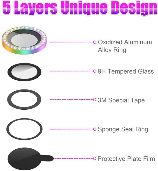 AGVEE 3+3 6 Pack for iPhone 12 Pro Max 6.7" Camera Lens Cover Protector, Bling Diamond & Bling Glitter Metal Ring 9H Tempered HD Glass Camera Cover Protector Film, Bling-Colorful