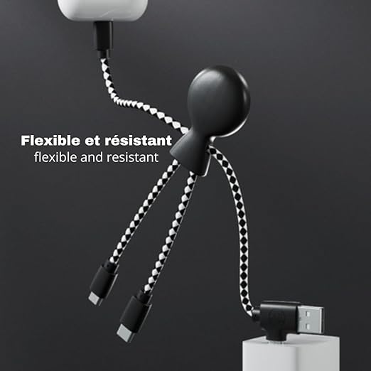 Mr Bio 4 in 1 Multi USB Cable Octopus Design Black - Universal Recycled Plastic Charger - USB Plug - USB-C - Lightning - Micro USB for Universal Smartphone