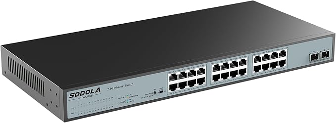 SODOLA 24 Port 2.5Gb Umanaged Switch,24X2.5G Base-T Ports,2X10G SFP, 160Gbps Switching Capacity,Port Isolation,/IU Rack-Mount/Fanless/Plug & Play Multi-Gig Unmanaged Ethernet Switch