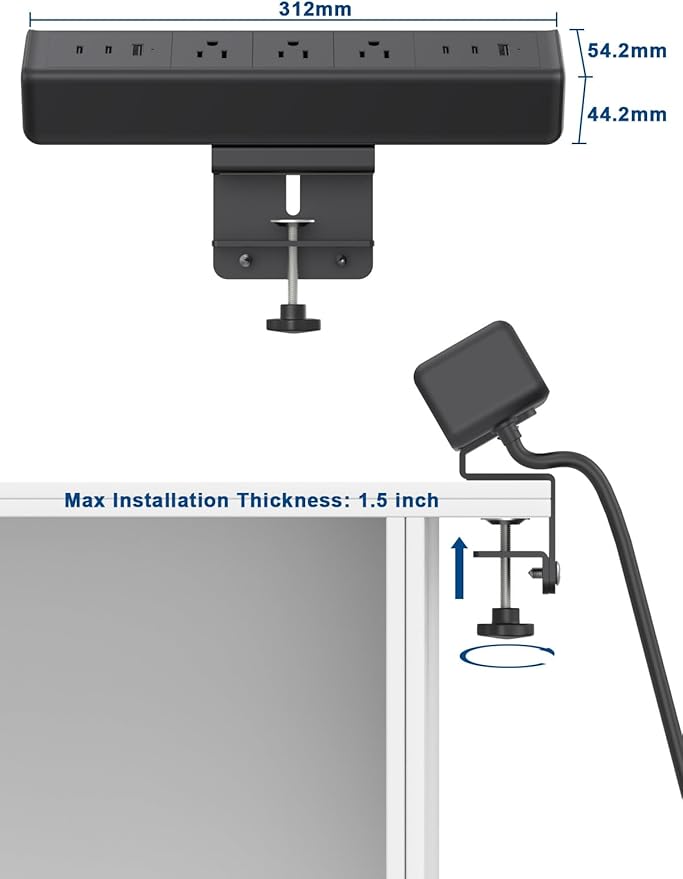 Nightstand Charging Station with 4 USB-C&2 QC 3.0 USB A Ports 3 AC Outlet, Desk Edge Mount Power Strip with USB-C Ports Tabletop Surge Protector Desk Clamp Power Strip for Home Office(Black)