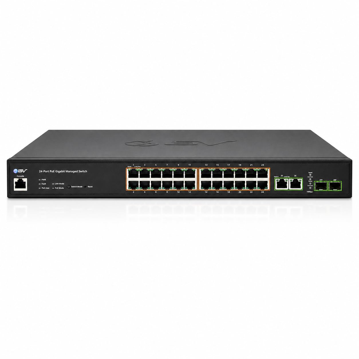 BV-Tech 24-Port Gigabit PoE+ Switch, 2 RJ45 & 2 SFP Uplinks, L2 Managed