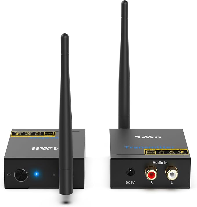 1Mii 2.4Ghz Wireless Audio Transmitter Receiver for TV, 320ft Long Range 20ms Low Delay HiFi Audio, Wireless Adapter Kit for Subwoofer/Powered Speaker/Stereo/Soundbar, RCA(3.5mm AUX) Out/Input