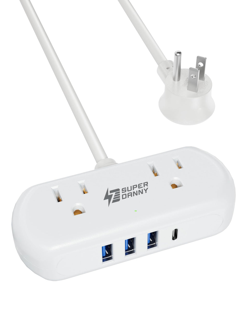 Power Strip with USB, SUPERDANNY Mini Surge Protector with 2 Wide-Spaced Outlets, 3 USB-A 1 USB-C, 5 Ft Extension Cord, Flat Plug, Compact Size Desktop Charging Station Travel, Home, Office, White