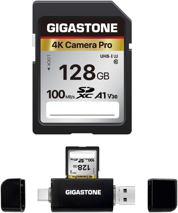 [5-Yrs Free Data Recovery] GIGASTONE 128GB SD Card with USB Type C Card Reader, 4K Camera Pro, A1 V30 U3 SDXC Memory Card Compatible with Canon Digital Camera, with 1 Mini case
