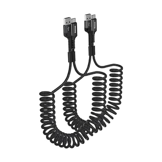 Baseus USB Type C Cable for Car, 2-Pack 3.3ft 100W Retractable Coiled USB A to USB C Fast Charger Cord, Nylon Braided Carplay Cable Compatible with iPhone15/Pro/Plus/Pro Max, Galaxy S24 S23, Note 20