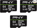 PNY 64GB PRO Elite Prime C10 U3 V30 A2 microSDXC Flash Memory Card – Ultra-Fast Speeds, Read 200MB/s, Write 110MB/s, 4K UHD, Full HD, UHS-I, for Smartphones, Drones, Action Cameras, 3-Pack