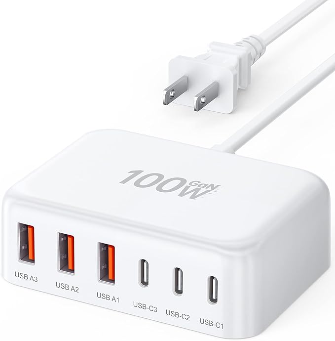 USB C Fast Charger, 100W GaN 6 Port Type C Charging Station Hub Block Cube, USB C Wall Charger Power Strip Adapter Plug for iPad iPhone 16 15 14 13 12 Pro Max Pixel Note Galaxy, 5ft Cord