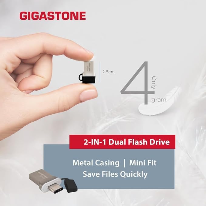 GIGASTONE 256GB Nano Luxus Dual Drive, Z50 USB 3.2 Gen 1, 2-in-1 USB-A & Type-C, 100MB/s Ultra Fast, Cap Design, Metal, Plug & Play for Smartphone/PC/Mac/TV/Car, 2.0/3.0/3.1 Compatible